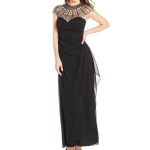 Xscape Black Dress Beaded Illusion Mesh & Jersey Gown Size 4